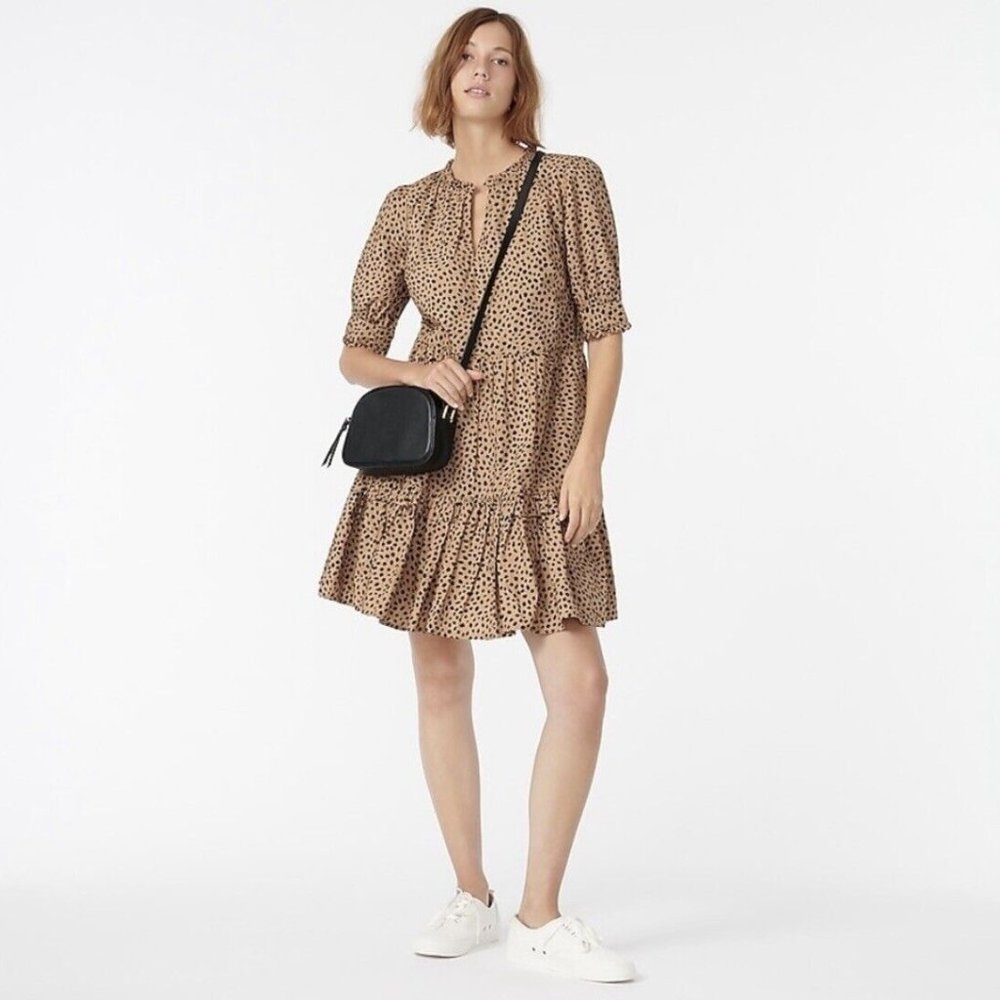J.Crew Tiered Popover Poplin Leopard Dot Animal Dress